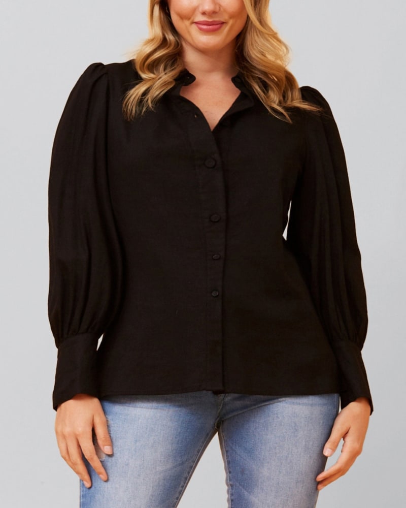 Front of a model wearing a size XL Maxine Shirt Fitted Long Puffy Sleeves Solid in Black by ANNICK. | dia_product_style_image_id:352528